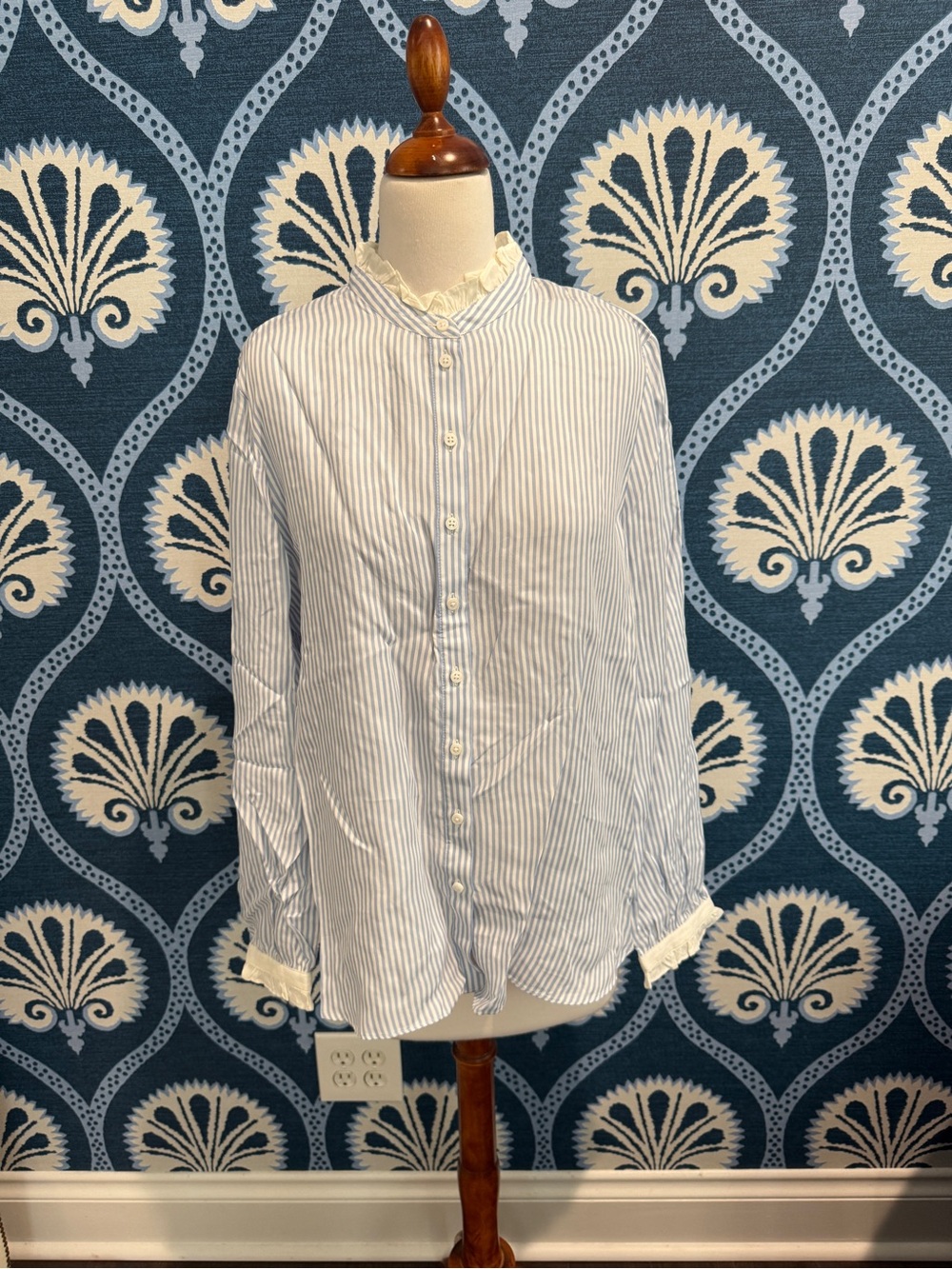 J. Crew Blue and White Striped Ruffle-Trim Button-Down Shirt